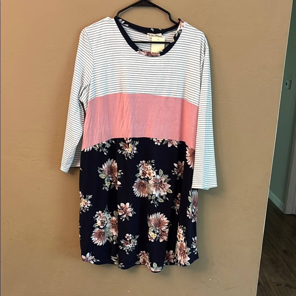 Elegant Floral and Striped Tunic Dress